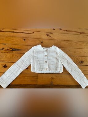 Women's Cropped Button-Front Tweed Jacket, EUC, White and Gold, Size XS